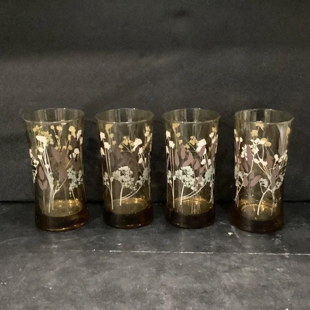 Federal Glass Interlude Highball Glasses, Set‎ of 4, Hourglass, Floral Tumblers